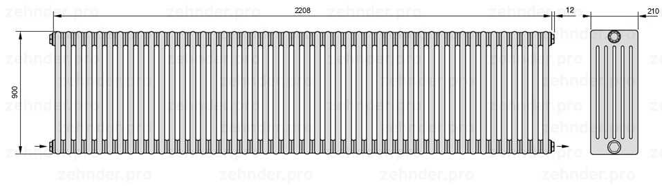 Схема (чертеж) Радиатор Zehnder Charleston 6090/48 №2670 Белый глянцевый RAL 9016